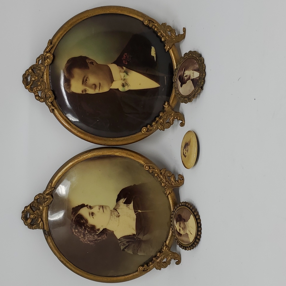 Antique Wedding Photos in Ornate Metal Frames with 3 Photo Brooches / Pins